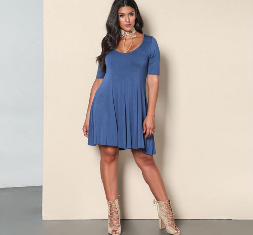 SZ60018 Fashion O-Neck Half Sleeve Casual A-Line Womens Plus Size Dress